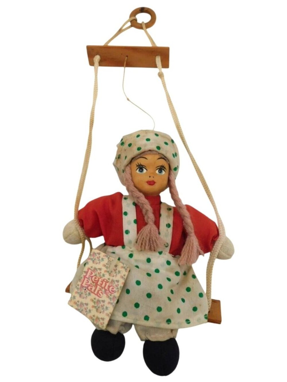 Artmark Petite Pals Doll Vintage Hanging Swing Girl Polka Dot Dress Blond Braids